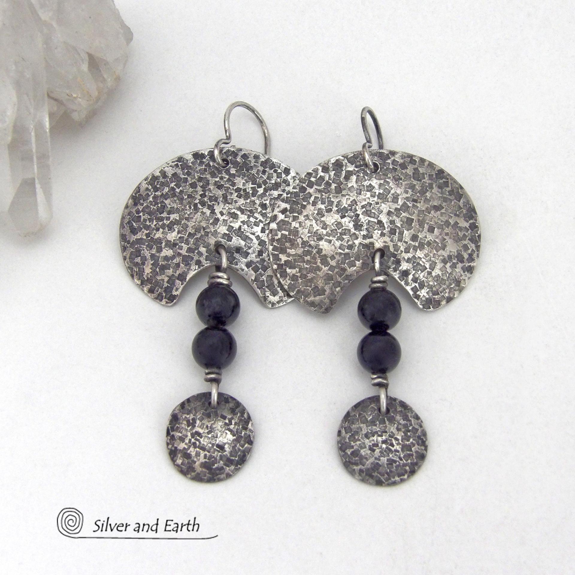 Hammered Oxidized Sterling Silver Earrings with Black Onyx Gemstones - Bold Edgy Modern Silver Jewelry