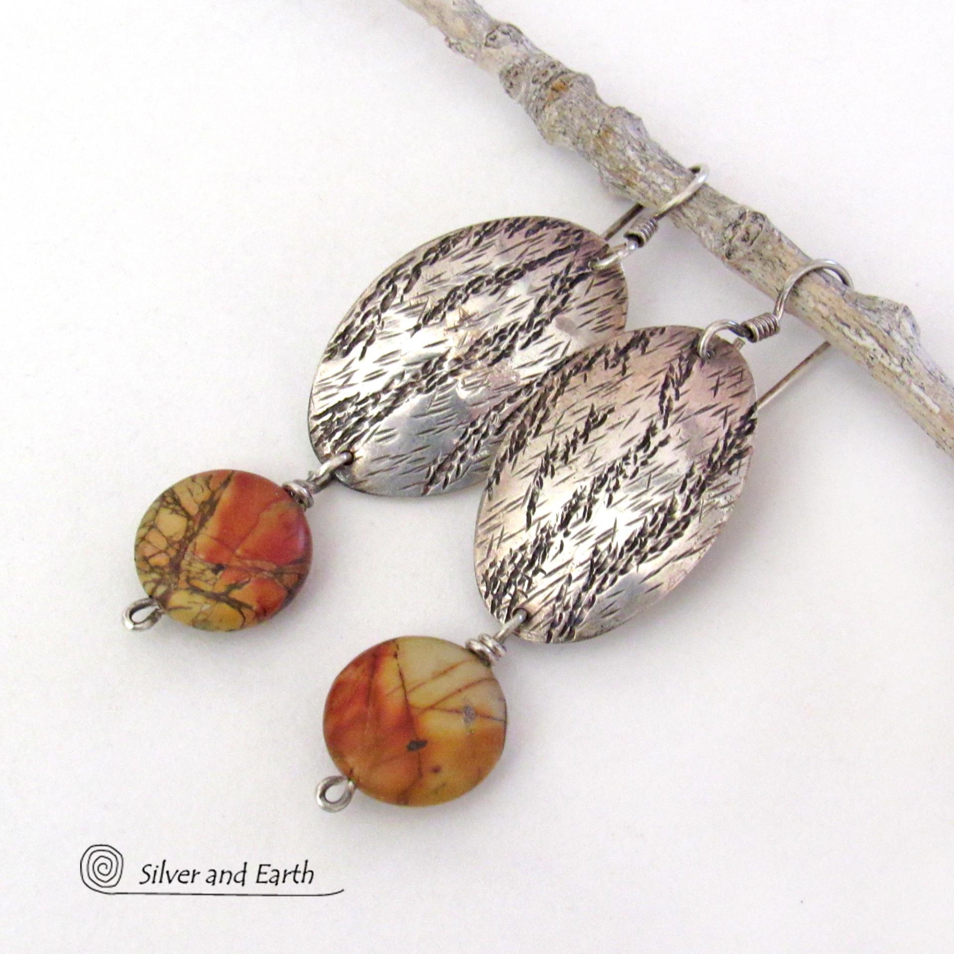 Textured Sterling Silver Oval Dangle Earrings with Dangling Red Creek Jasper Stones