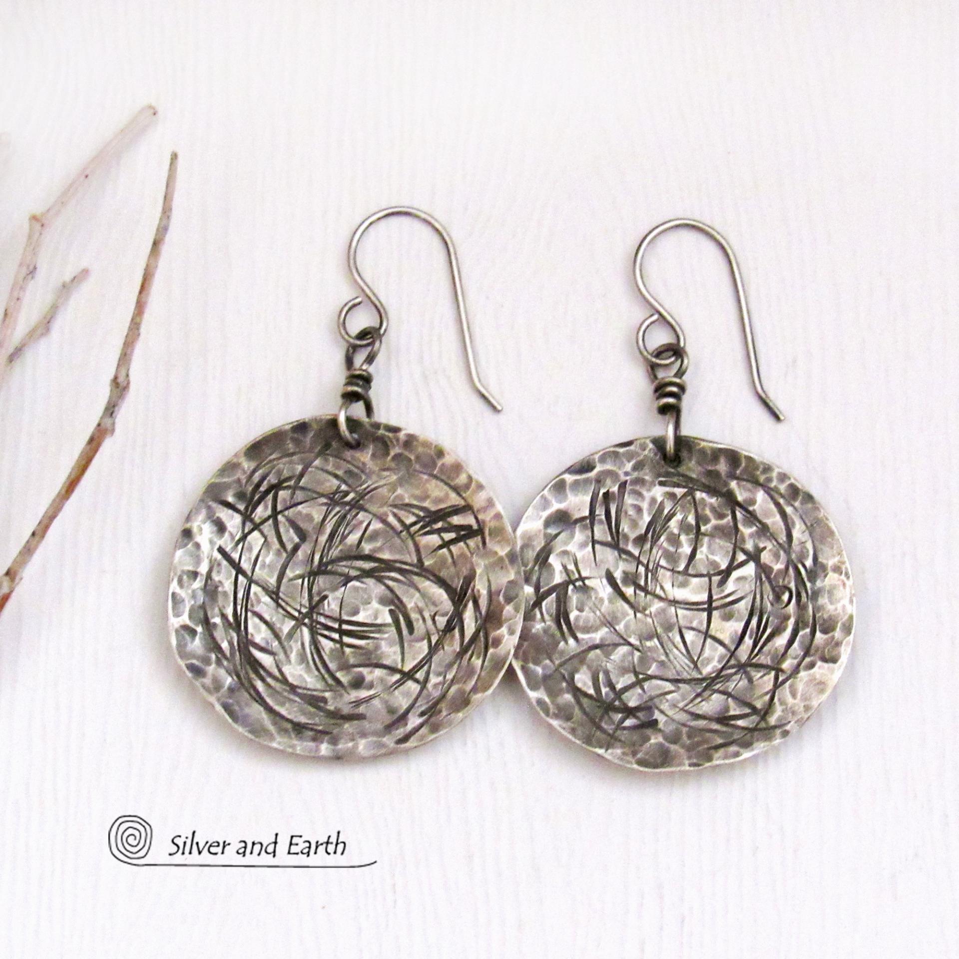 Modern Oxidized Sterling Silver Earrings with Hammered and Hand Stamped Texture