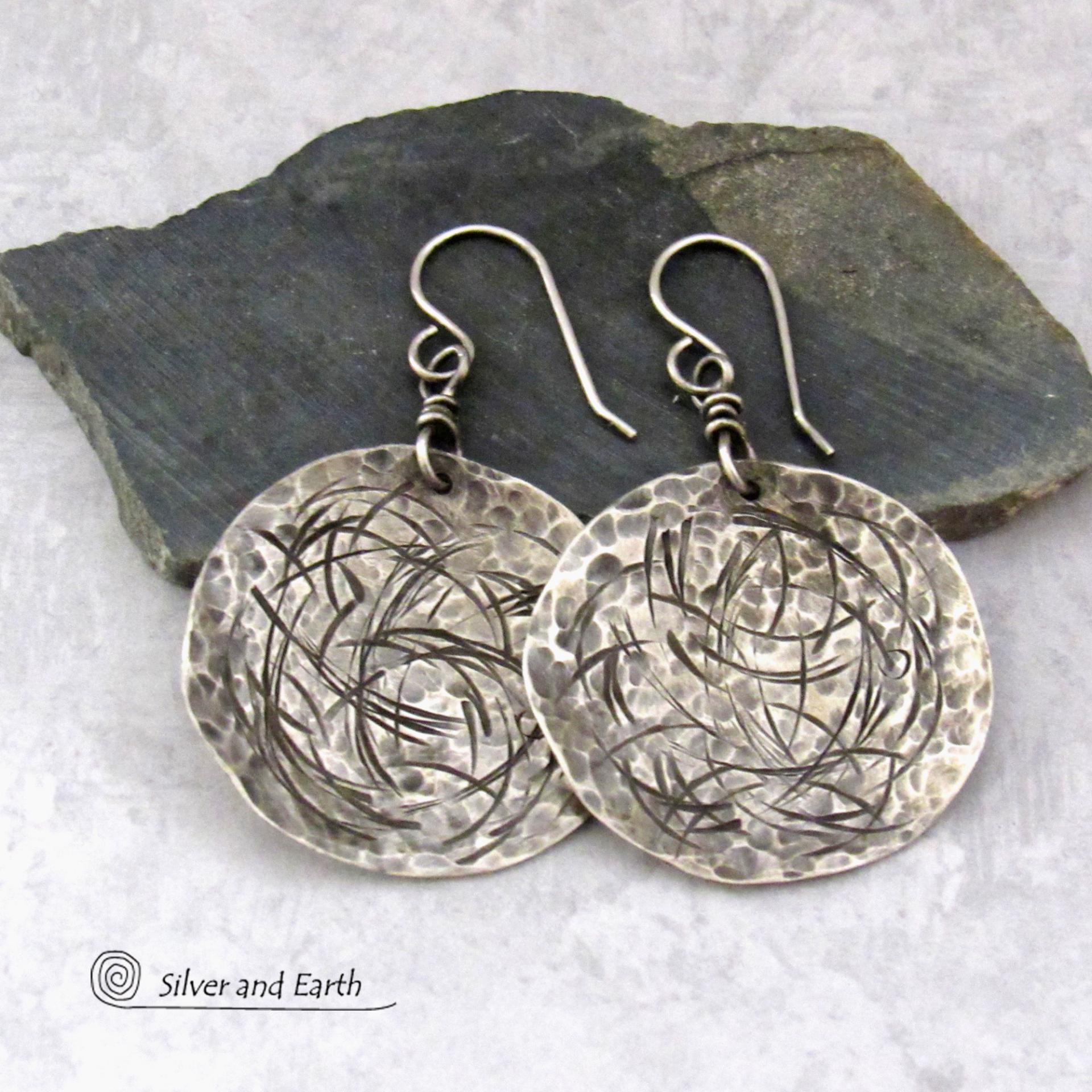 Contemporary Modern Oxidized Sterling Silver Earrings with Hammered and Hand Stamped Texture