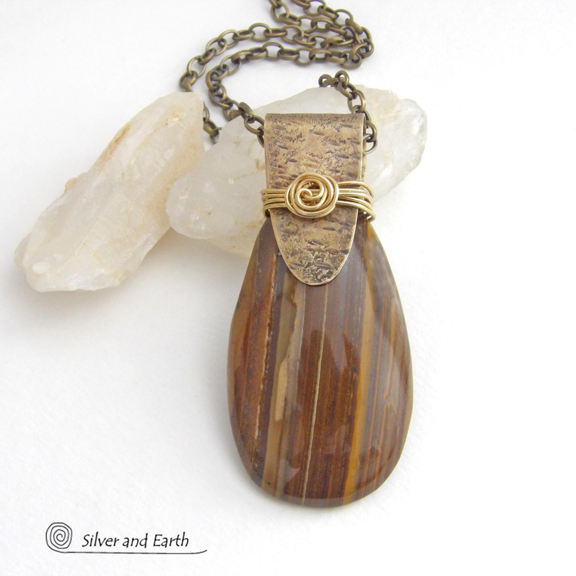 Gold Brass Pendant Necklace with Natural Brown Tiger's Eye Gemstone