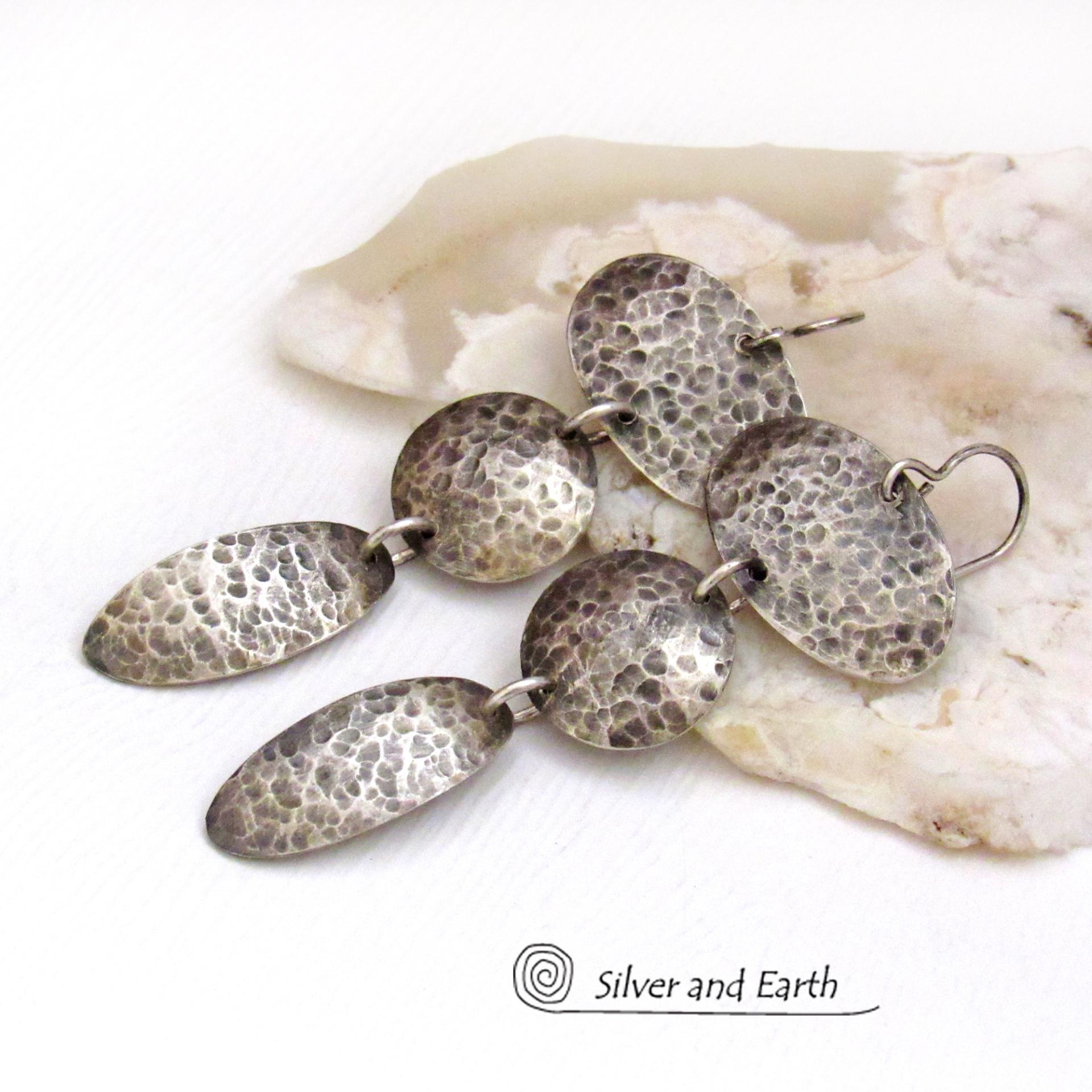Hammered Sterling Silver Triple Dangle Earrings - Contemporary Modernist Artisan Jewelry