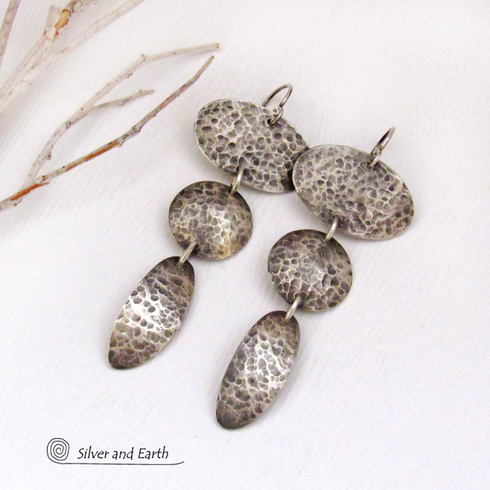 Hammered Sterling Silver Triple Dangle Earrings - Contemporary Modernist Artisan Jewelry