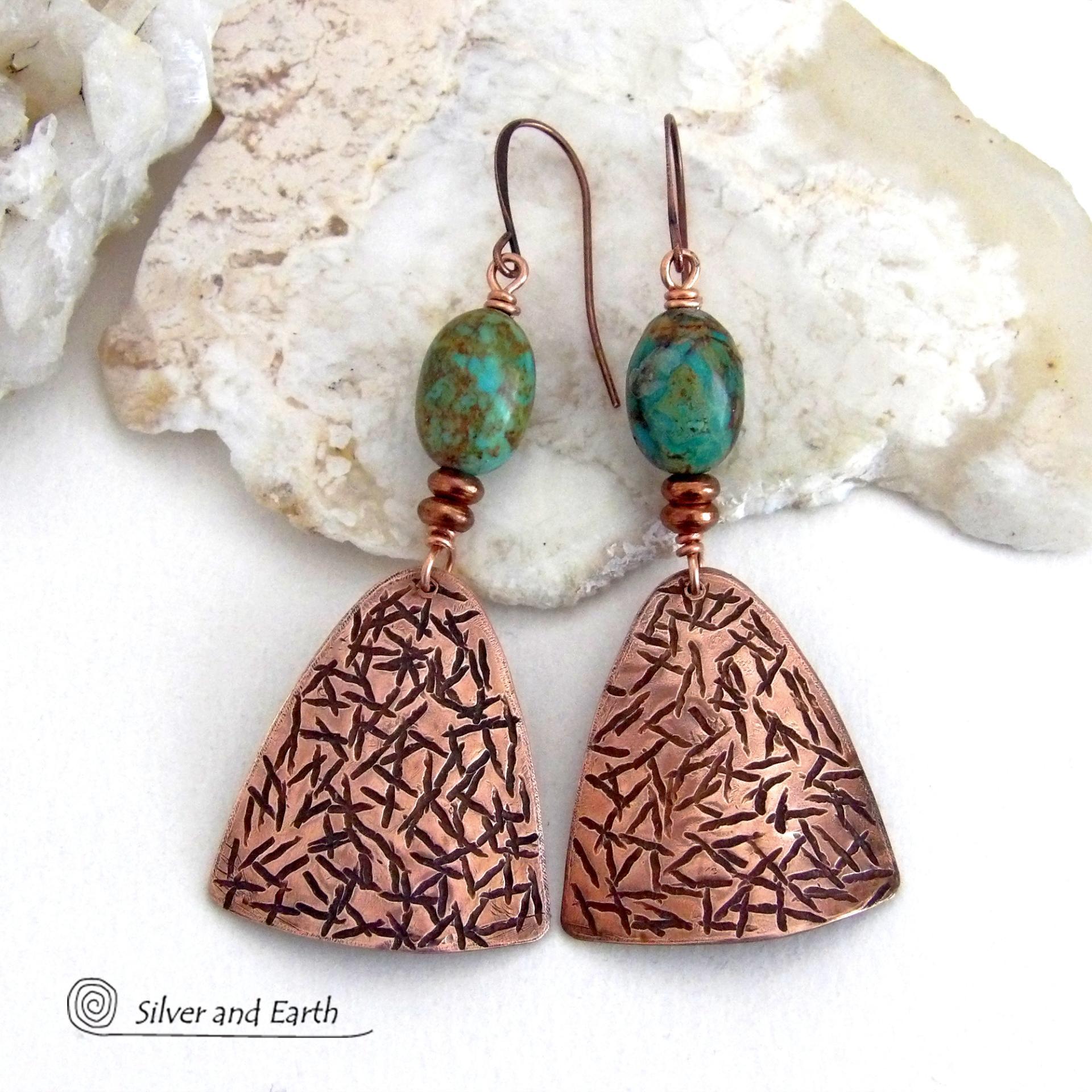 These handcrafted copper earrings have a hand stamped texture and are accented with natural turquoise stones and tiny copper beads. The turquoise is a beautiful shade of greenish-blue with an earthy, natural copper matrix. They have a modern style with a touch of southwest flair that coordinates beautifully with all types of wardrobes. They'll make a great gift for couples celebrating their seventh wedding anniversary - copper is the traditional choice for this occasion. 