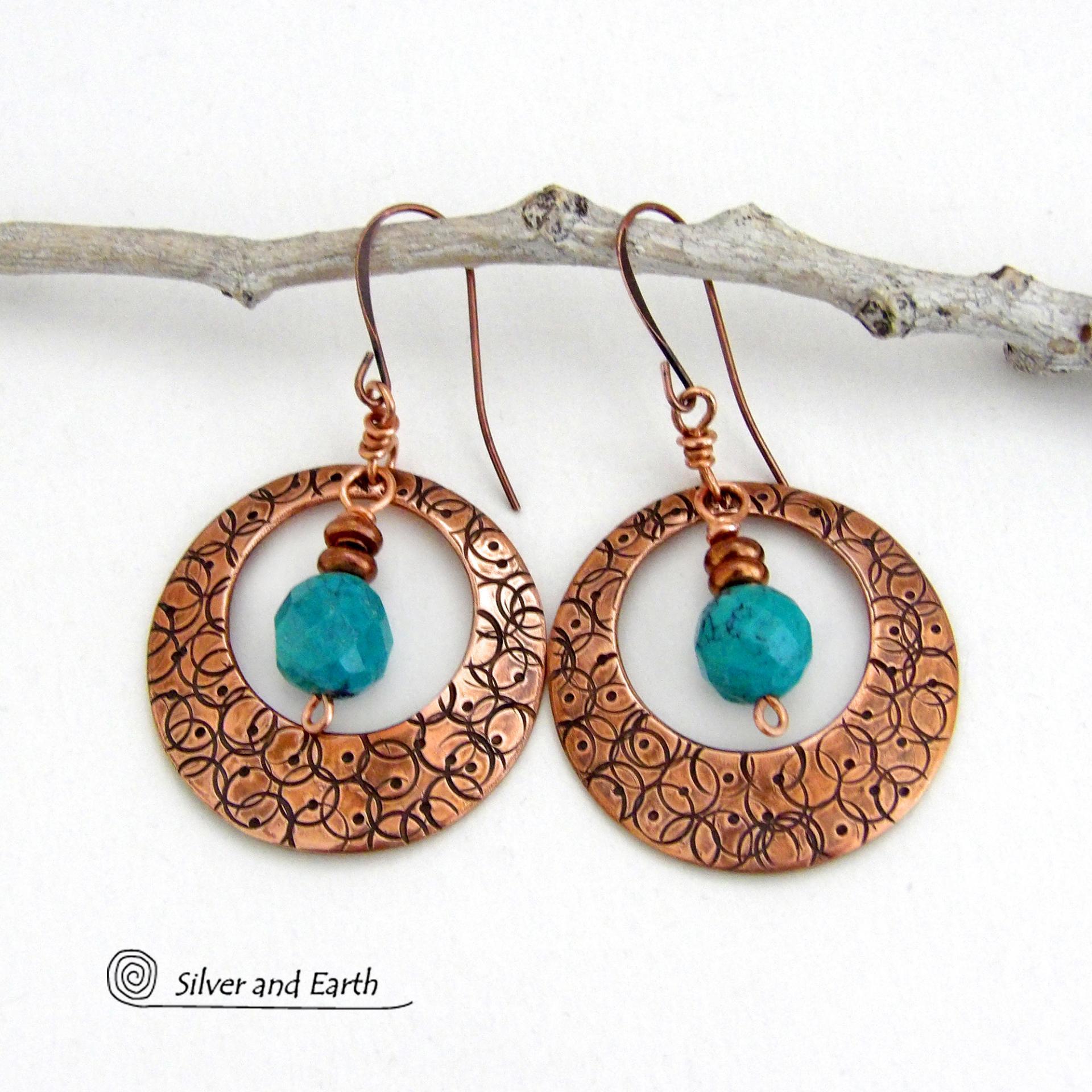 These handcrafted copper hoops have a hand stamped texture and are accented with faceted natural turquoise gemstones dangling in front. Perfect for all wardrobes types - they have a trendy modern style with a touch of southwestern flair. Perfect for women that love to make a bold statement and appreciate artisan handcrafted unique jewelry. Handmade in the USA by Silver and Earth Jewelry. Your choice of ear wires - copper or hypoallergenic niobium. 