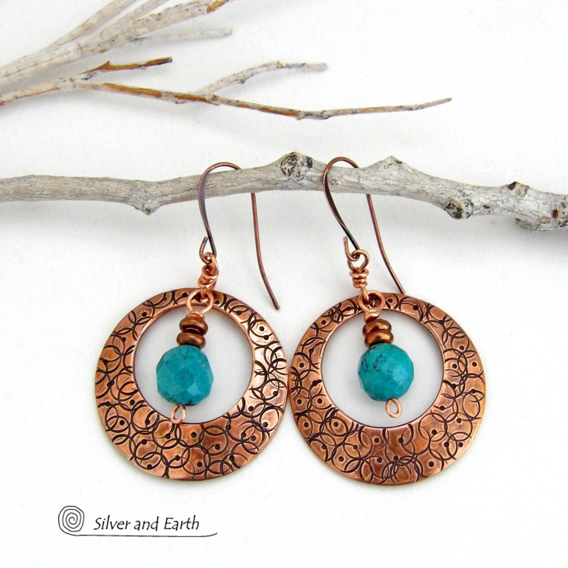 These handcrafted copper hoops have a hand stamped texture and are accented with faceted natural turquoise gemstones dangling in front. Perfect for all wardrobes types - they have a trendy modern style with a touch of southwestern flair. Perfect for women that love to make a bold statement and appreciate artisan handcrafted unique jewelry. Handmade in the USA by Silver and Earth Jewelry. Your choice of ear wires - copper or hypoallergenic niobium. 