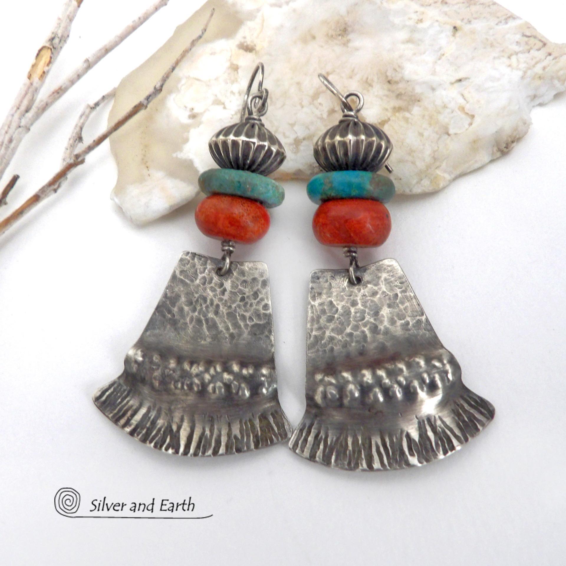 Textured Sterling Silver Earrings with Turquoise & Red Coral - Modern Southwestern Jewelry