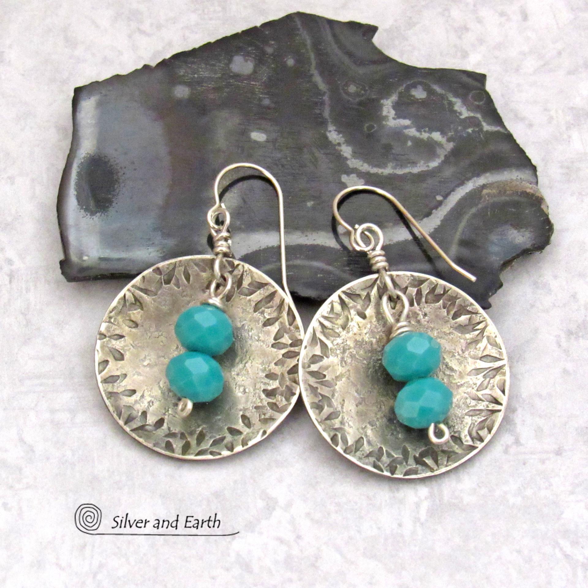 Round Sterling Silver Dangle Earrings with Faceted Blue Glass Crystal Beads - Modern Elegant Jewelry