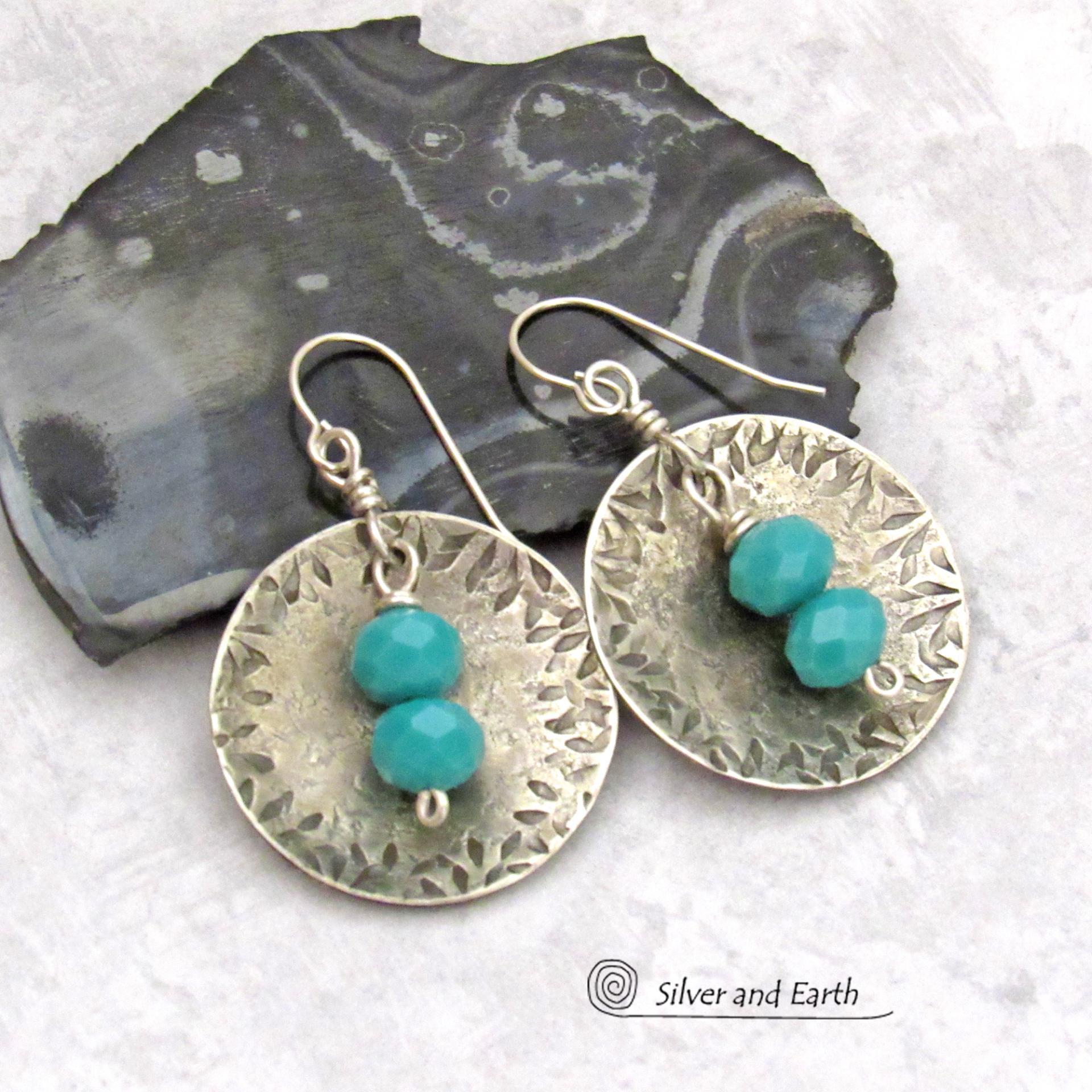 Round Sterling Silver Dangle Earrings with Faceted Blue Glass Crystal Beads - Modern Elegant Jewelry