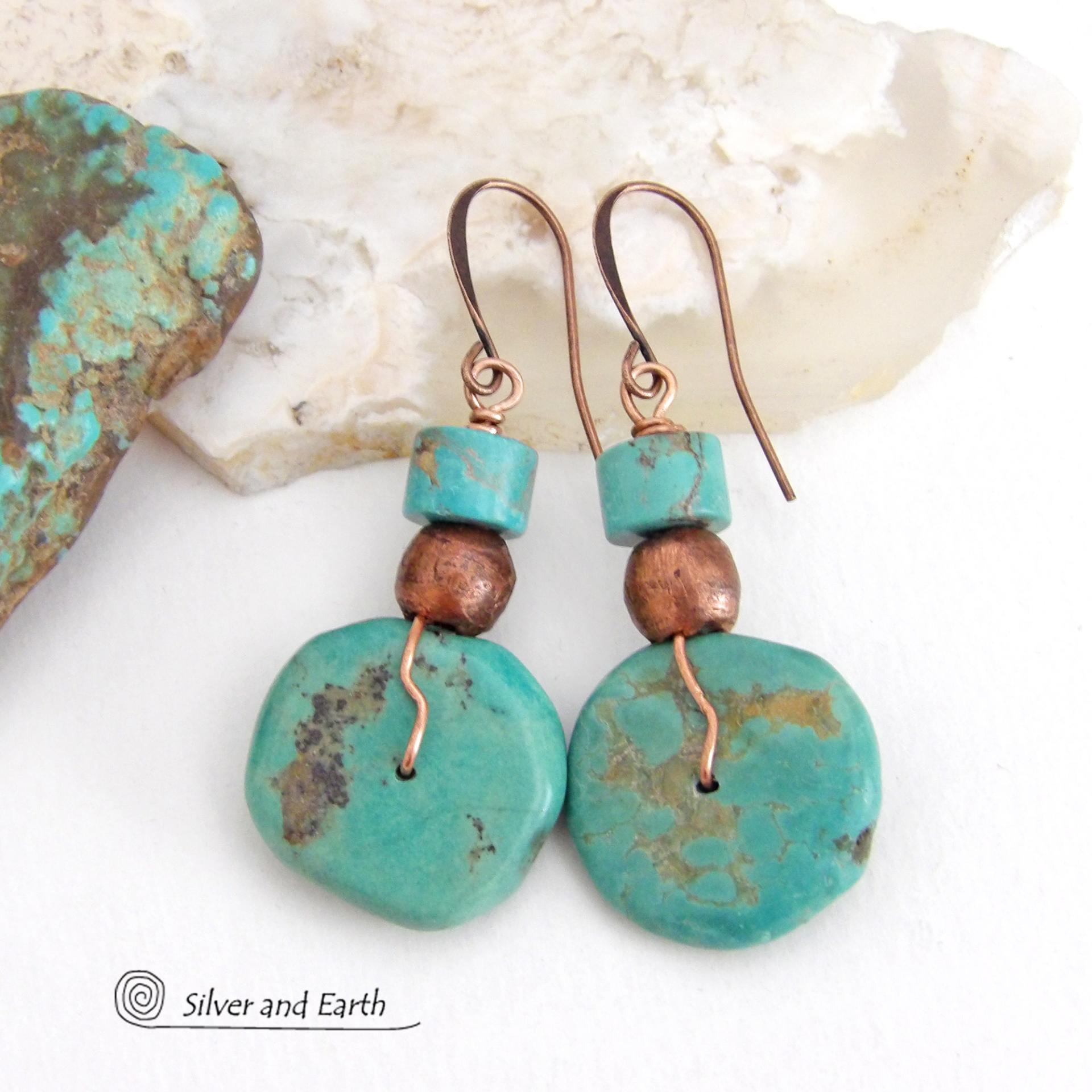 Chunky natural turquoise gemstones are wrapped in copper wire and are accented with copper and turquoise beads in these modern southwest style earrings. They have a casual, earthy style and will make a great gift for anyone that loves natural turquoise stone jewelry - or a nice addition to your own jewelry wardrobe. Handmade in the USA by Silver and Earth Jewelry. 