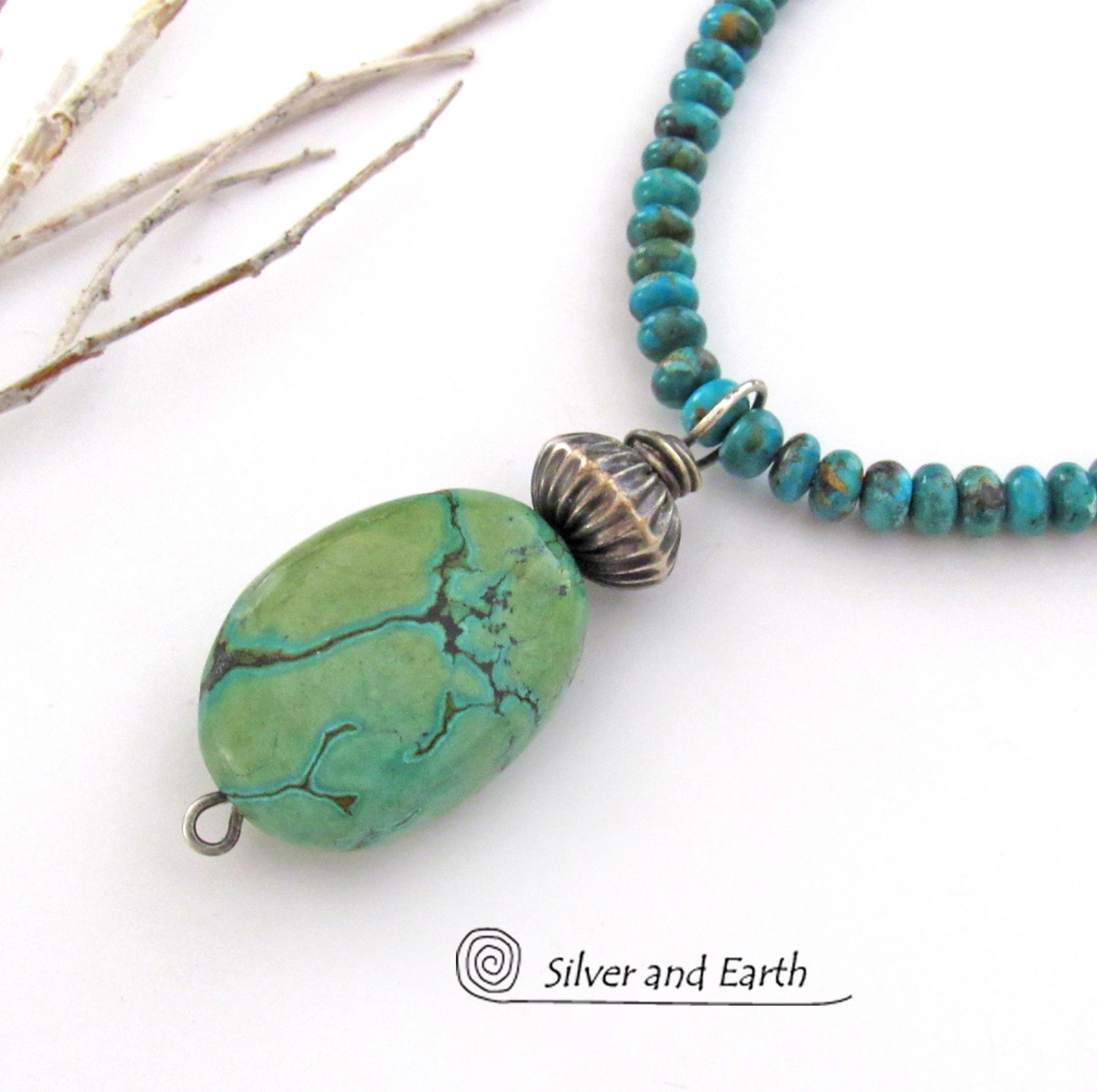 Southwestern Style Chunky Natural Turquoise Stone Pendant with Oxidized Sterling Silver Bead on Turquoise Beaded Necklace