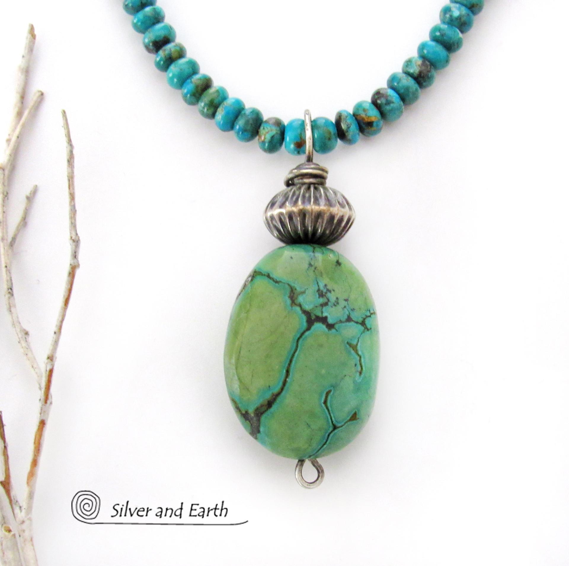 Southwestern Style Chunky Natural Turquoise Stone Pendant with Oxidized Sterling Silver Bead on Turquoise Beaded Necklace