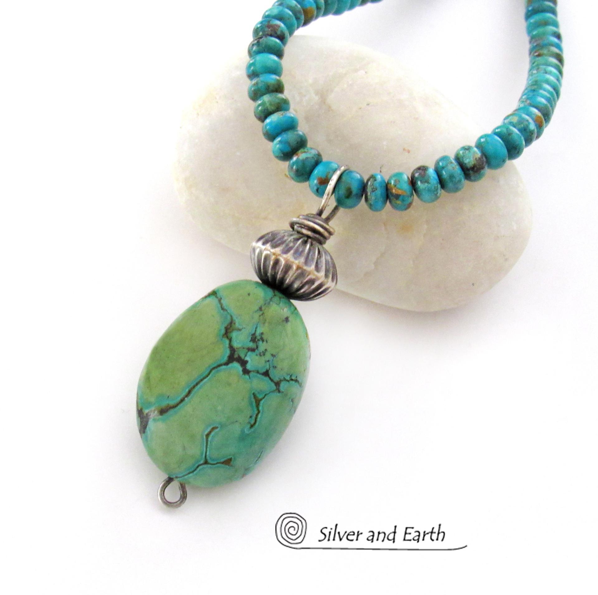 Southwestern Style Chunky Natural Turquoise Stone Pendant with Oxidized Sterling Silver Bead on Turquoise Beaded Necklace