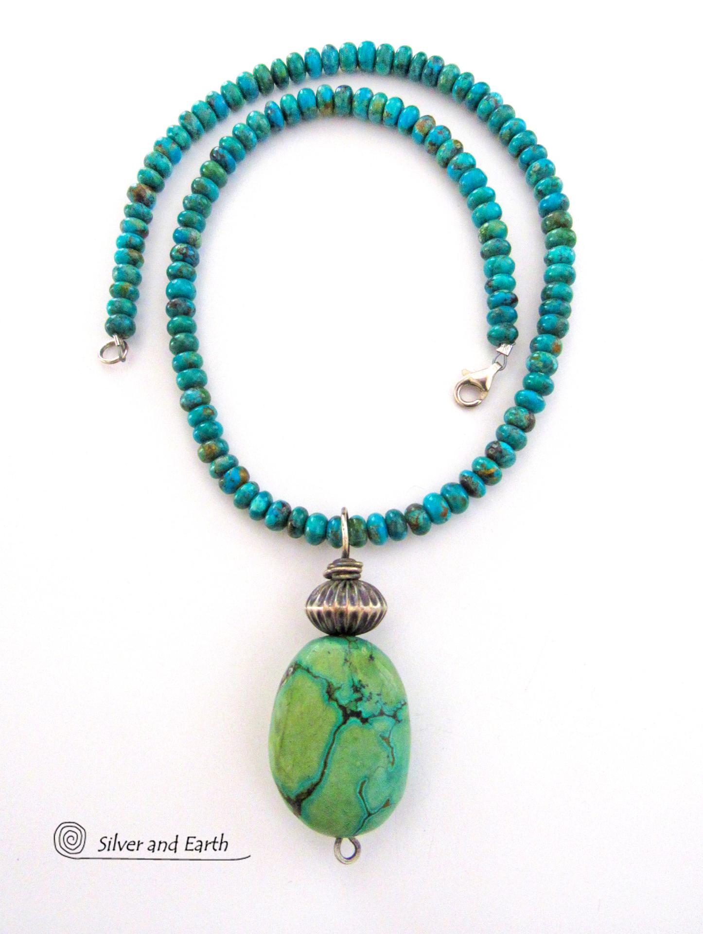 Southwestern Style Chunky Natural Turquoise Stone Pendant with Oxidized Sterling Silver Bead on Turquoise Beaded Necklace