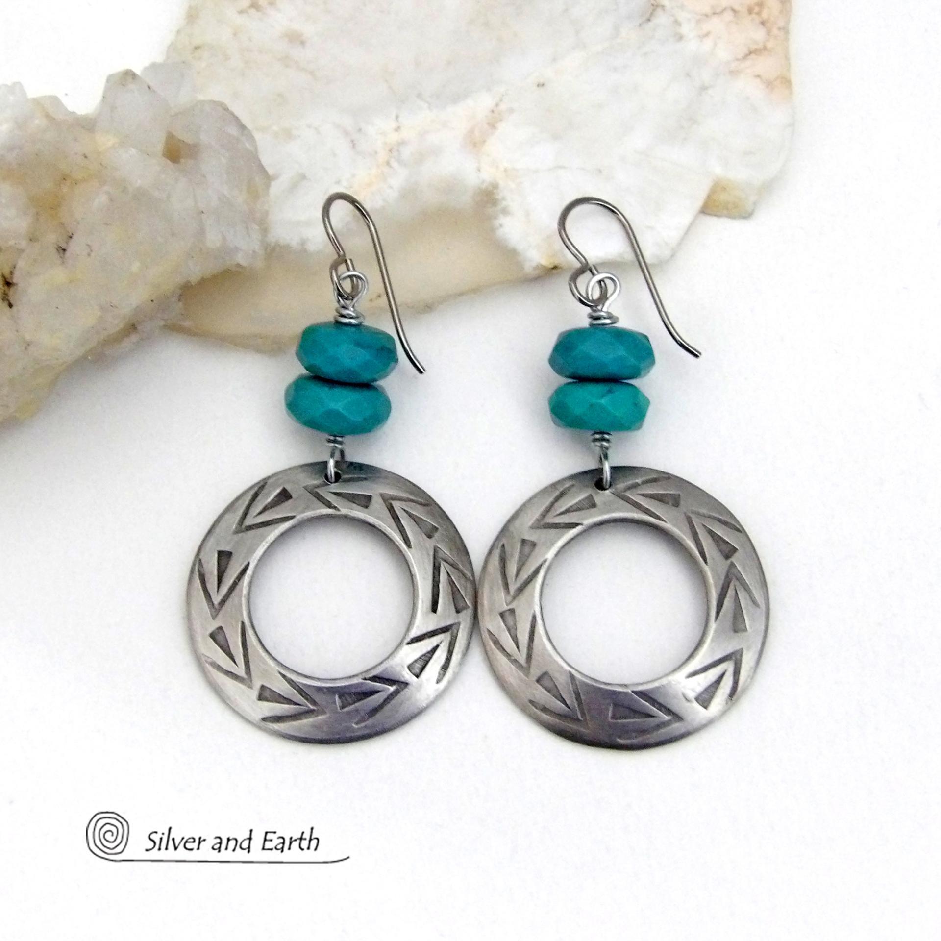 These handcrafted earrings feature silver pewter hoops with a hand stamped texture accented with natural, genuine turquoise stones with a faceted finish. They have an earthy modern style with southwest flair that coordinates beautifully with all wardrobe types. Handmade in the USA by Silver and Earth Jewelry, a New Mexico True Certified Business.