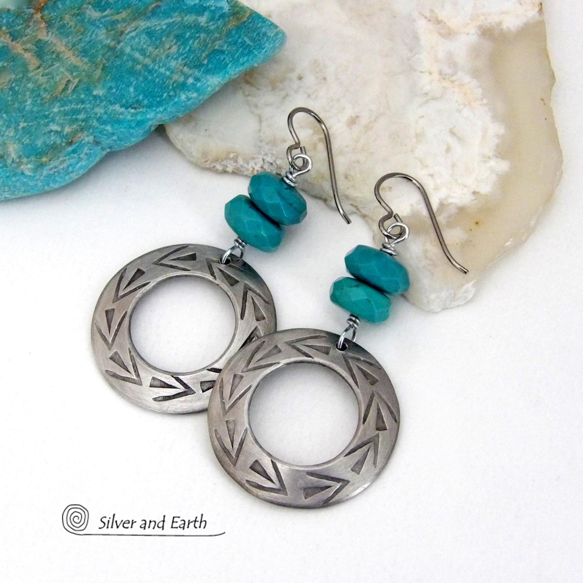 These handcrafted earrings feature silver pewter hoops with a hand stamped texture accented with natural, genuine turquoise stones with a faceted finish. They have an earthy modern style with southwest flair that coordinates beautifully with all wardrobe types. Handmade in the USA by Silver and Earth Jewelry, a New Mexico True Certified Business.