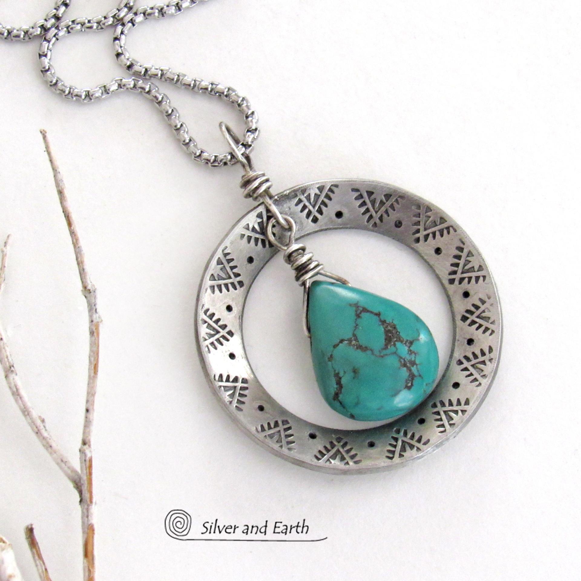 Hand Stamped Silver Pewter Circle Necklace with Natural Turquoise Stone - Southwest Style Jewelry