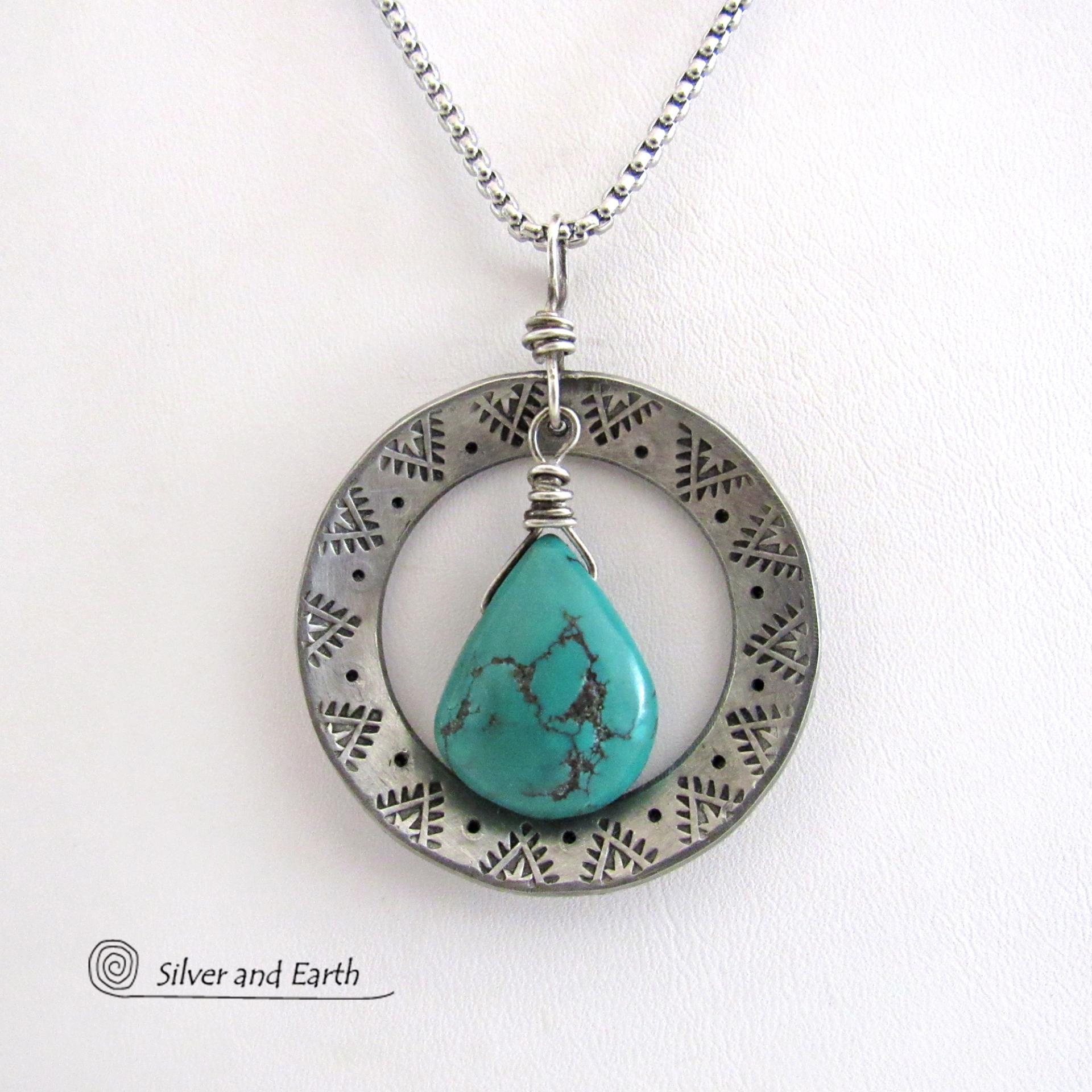 Hand Stamped Silver Pewter Circle Necklace with Natural Turquoise Stone - Southwest Style Jewelry