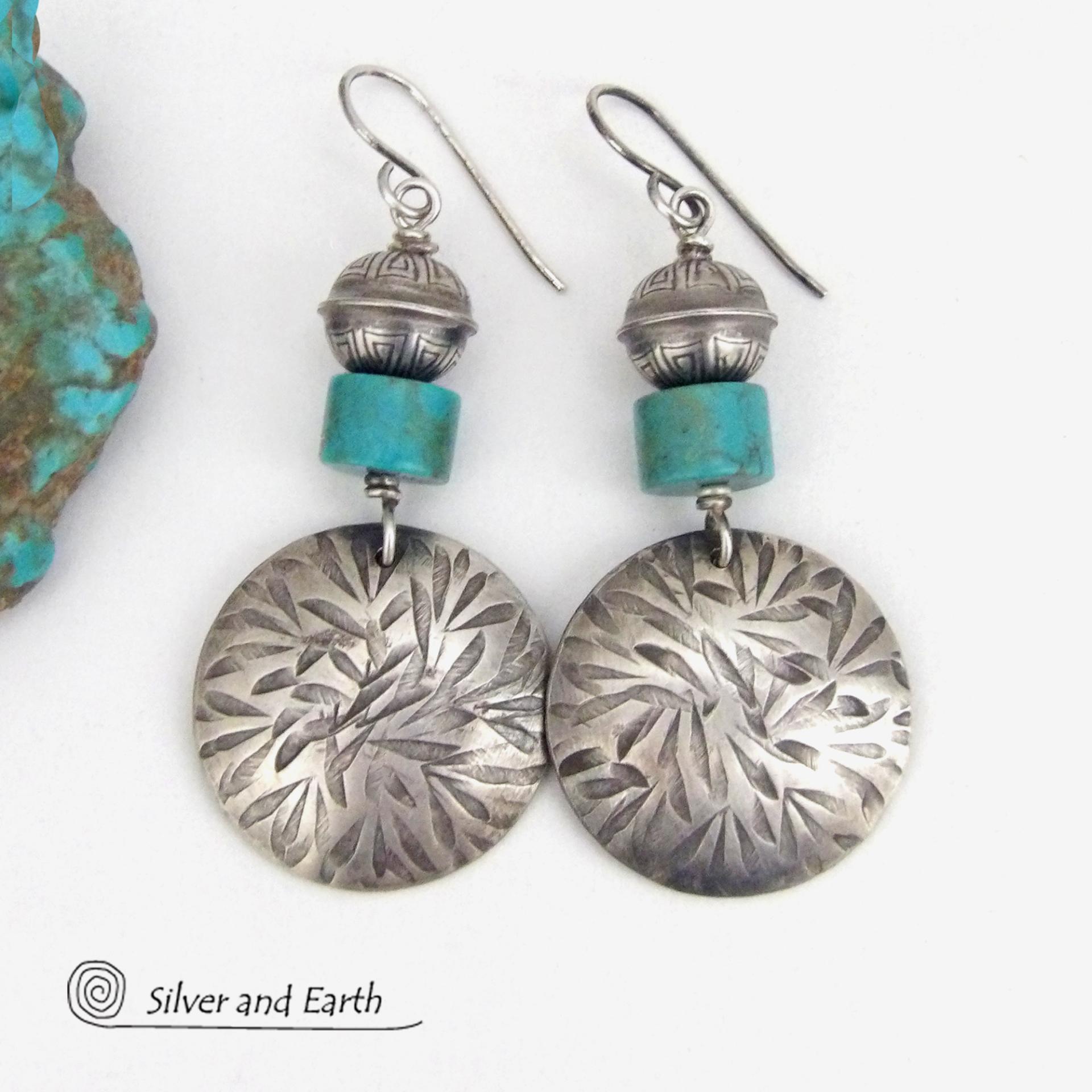 Hand Stamped Sterling Silver Earrings with Turquoise and Sterling Beads - Modern Southwestern Style Jewelry 