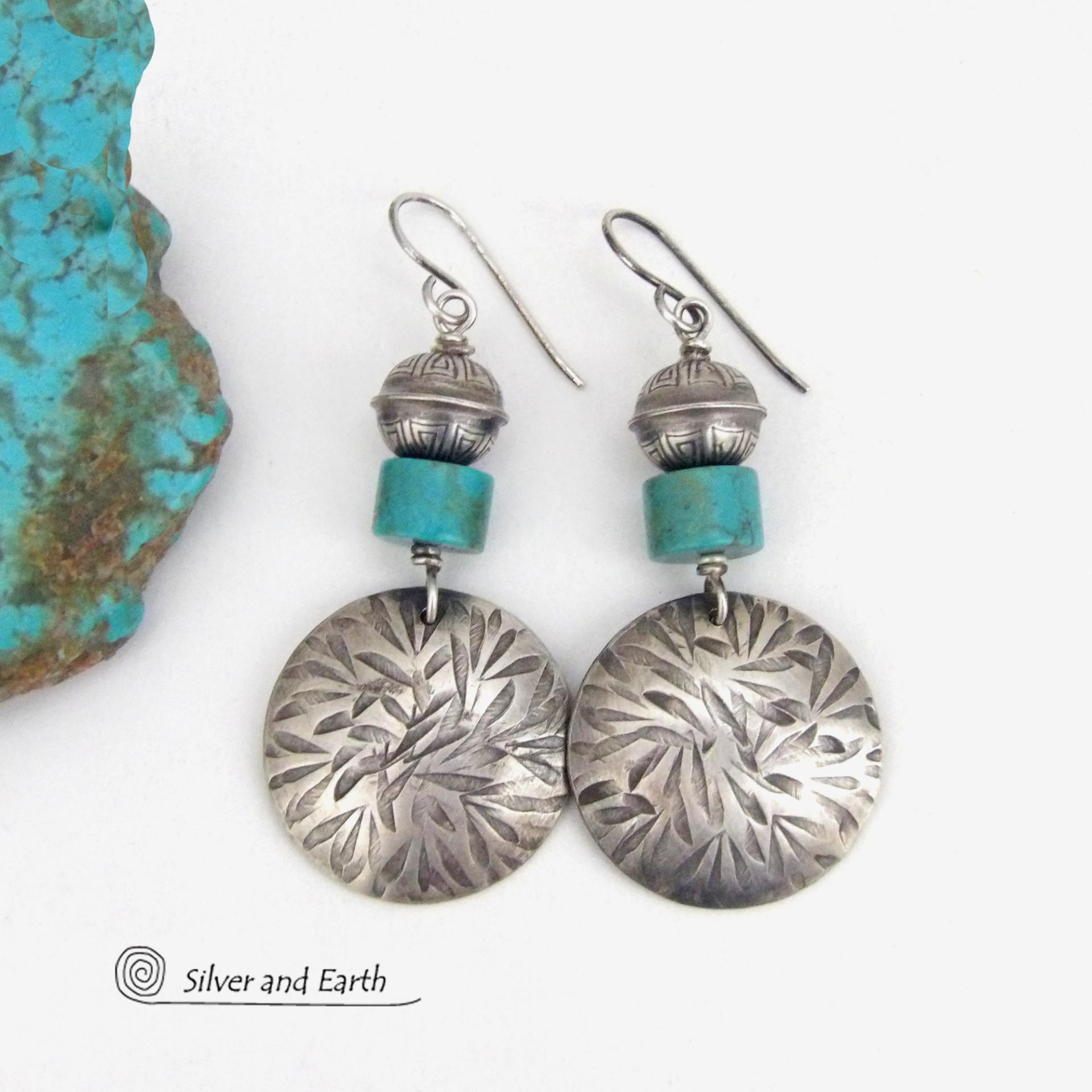 Hand Stamped Sterling Silver Earrings with Turquoise and Sterling Beads - Modern Southwestern Style Jewelry 