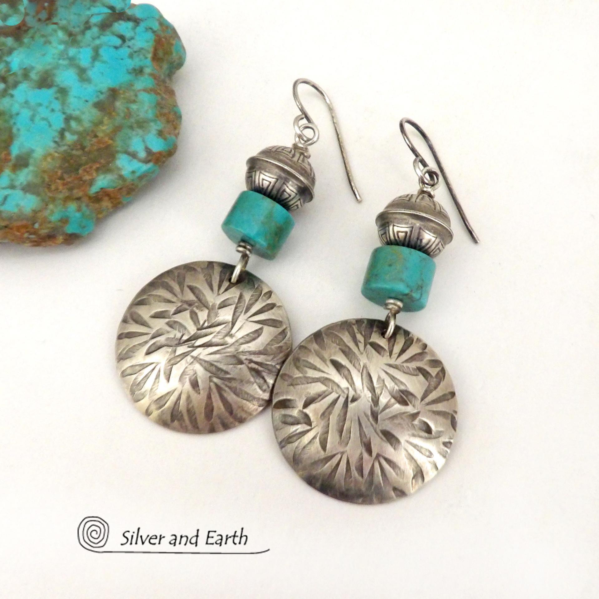 Hand Stamped Sterling Silver Earrings with Turquoise and Sterling Beads - Modern Southwestern Style Jewelry 