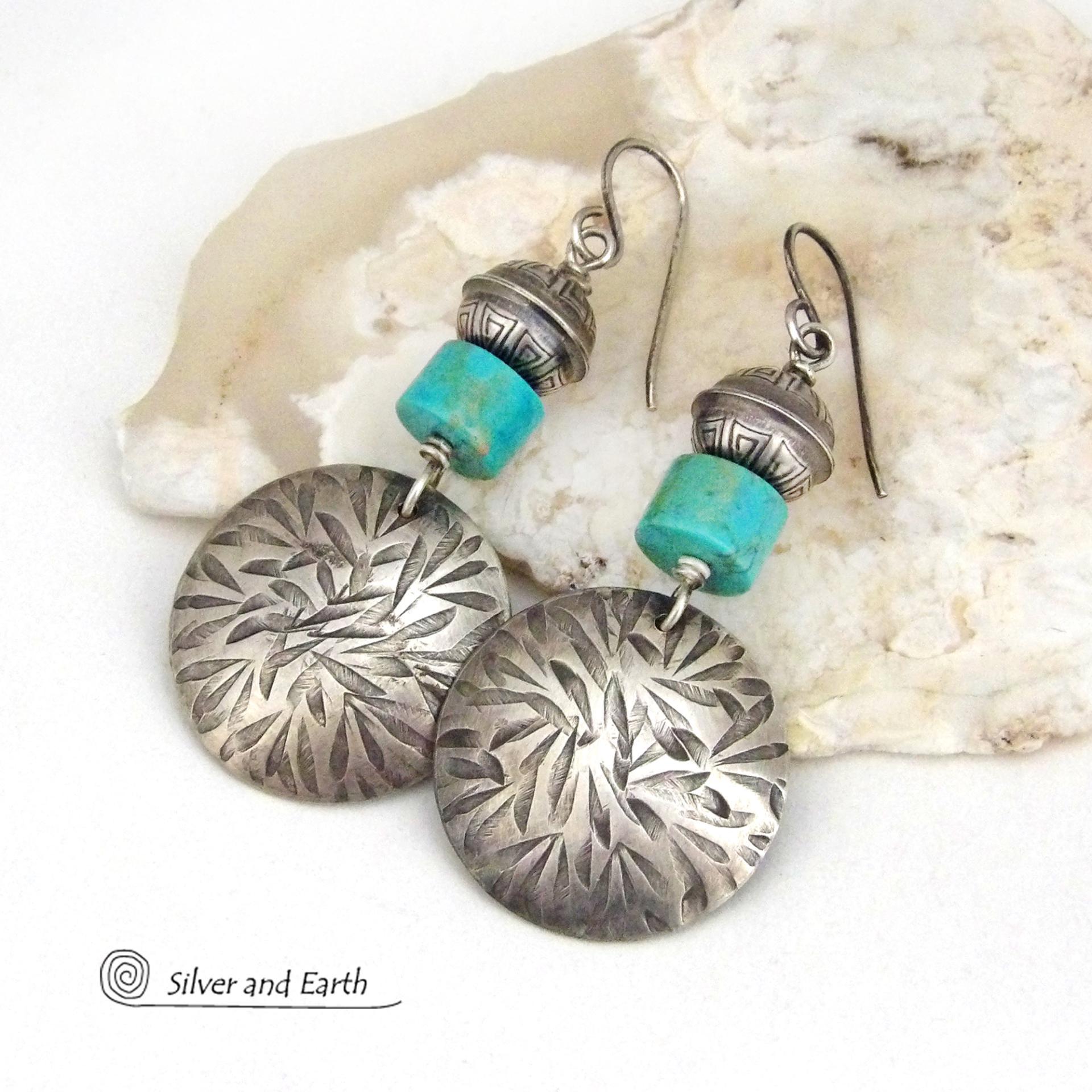 Hand Stamped Sterling Silver Earrings with Turquoise and Sterling Beads - Modern Southwestern Style Jewelry 