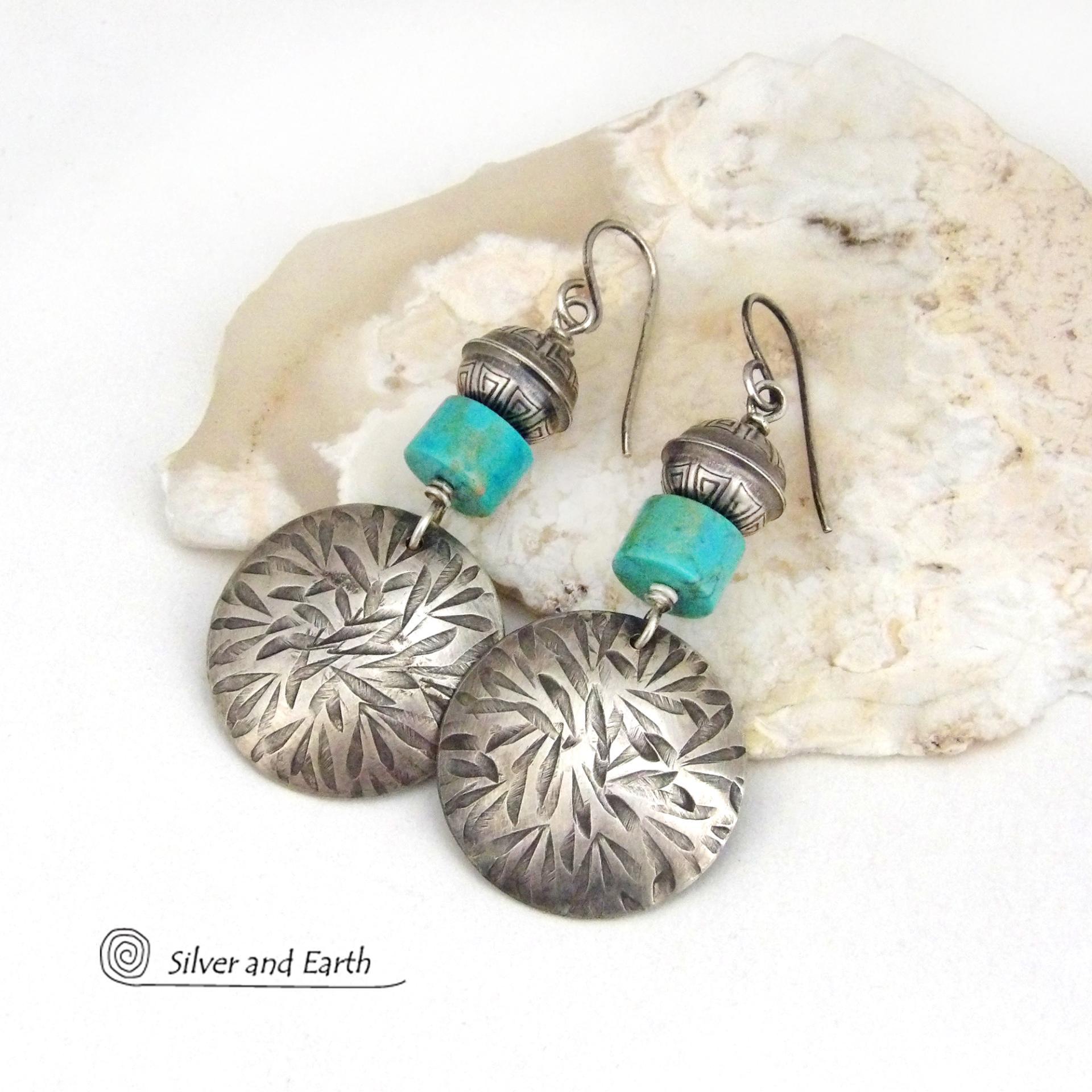 Hand Stamped Sterling Silver Earrings with Turquoise and Sterling Beads - Modern Southwestern Style Jewelry 