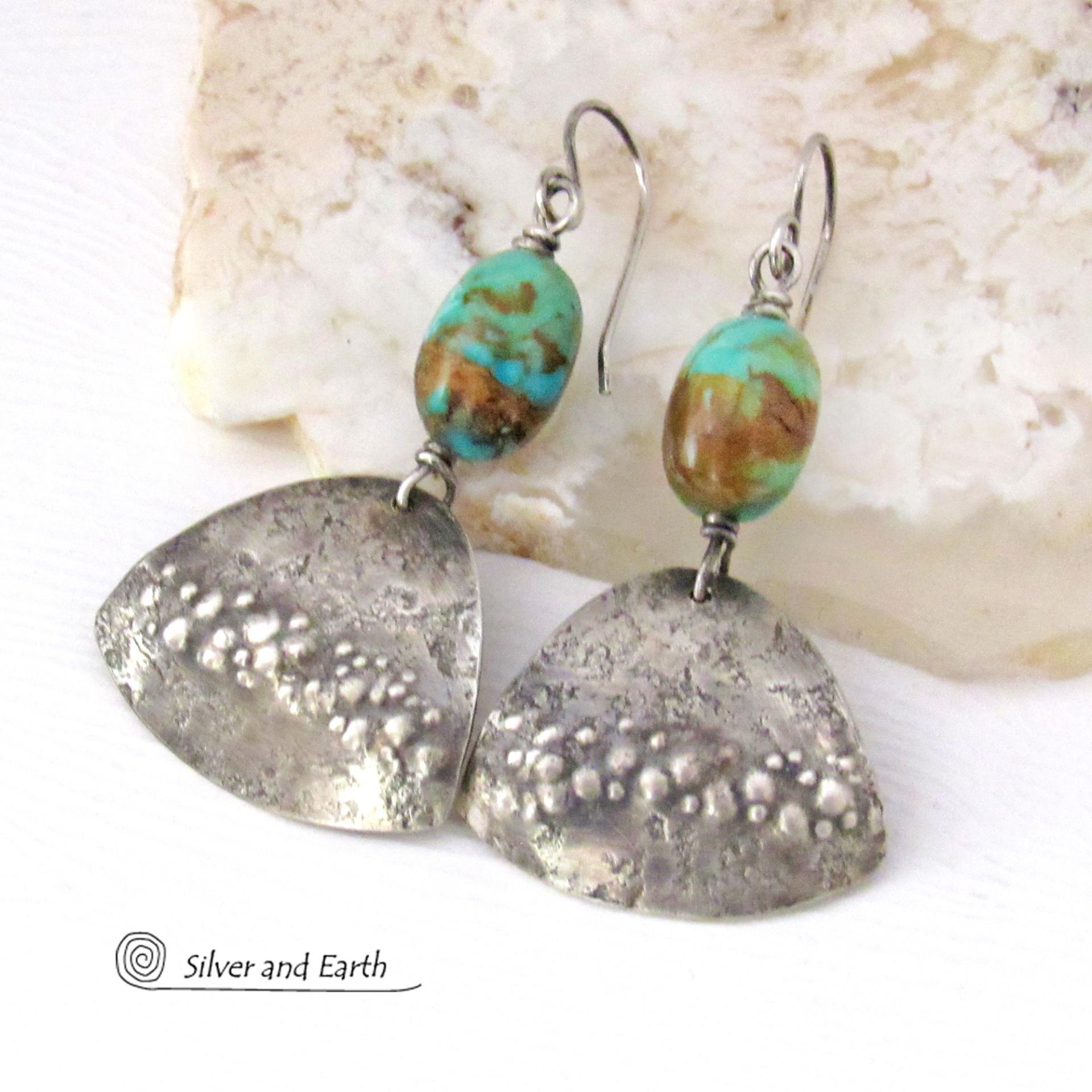 Sterling Silver Earrings with Natural Turquoise Stone Nuggets - Earthy Modern Southwest Style Jewelry 