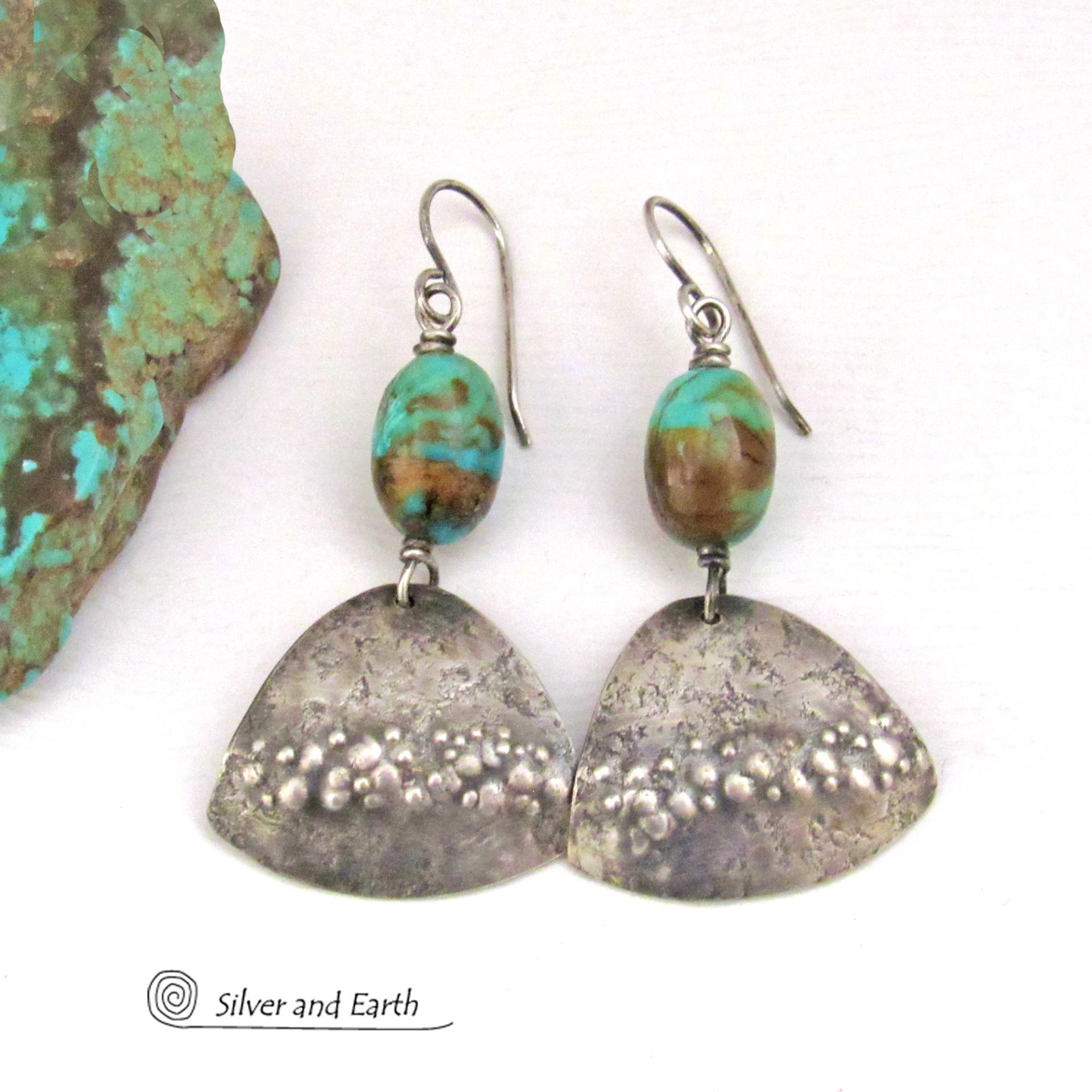 Sterling Silver Earrings with Natural Turquoise Stone Nuggets - Earthy Modern Southwest Style Jewelry 