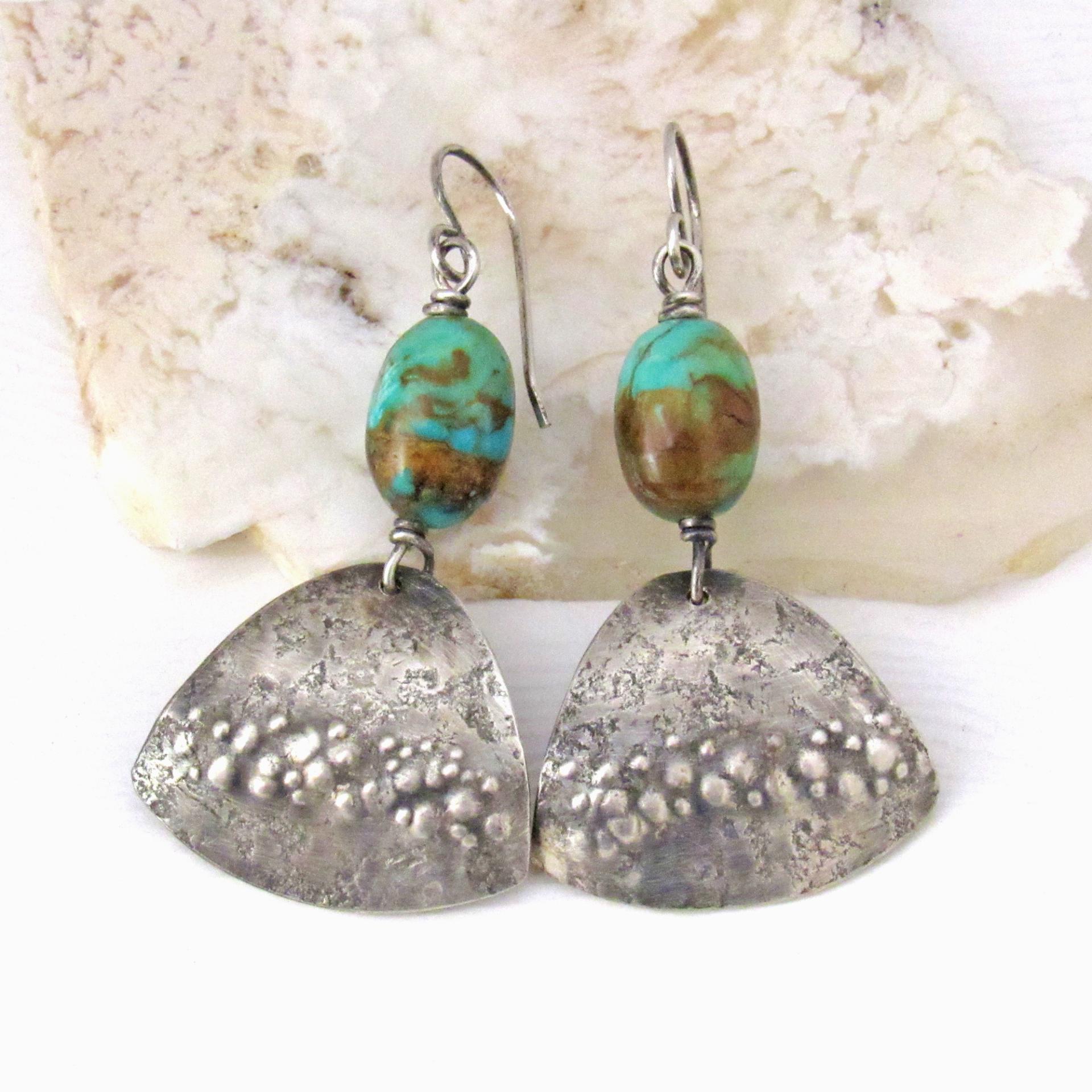 Sterling Silver Earrings with Natural Turquoise Stone Nuggets - Earthy Modern Southwest Style Jewelry 