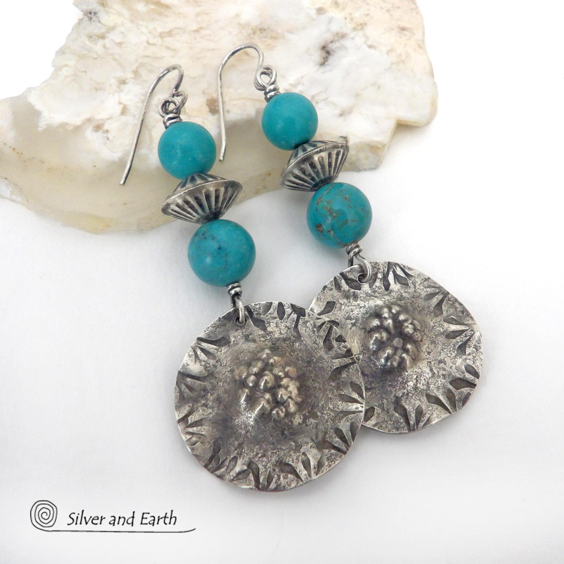 Textured Sterling Silver Earrings with Turquoise Stones and Sterling Silver Beads