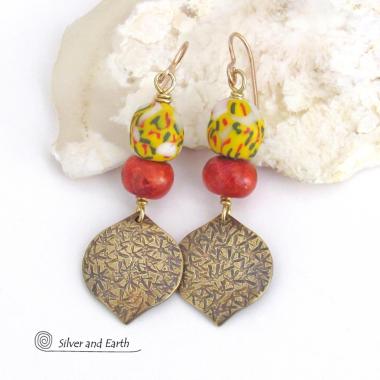 Gold Brass Dangle Earrings with Colorful African Glass Beads & Red Coral - Unique Bohemian Ethnic Tribal Afrocentric Jewelry