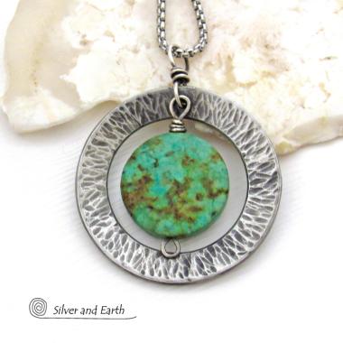 African Turquoise Silver Pewter Hammered Circle Necklace - Handcrafted Modern Earthy Natural Gemstone Jewelry