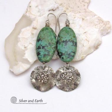 Long African Turquoise Stone Earrings with Rustic Hammered Sterling Silver Dangles