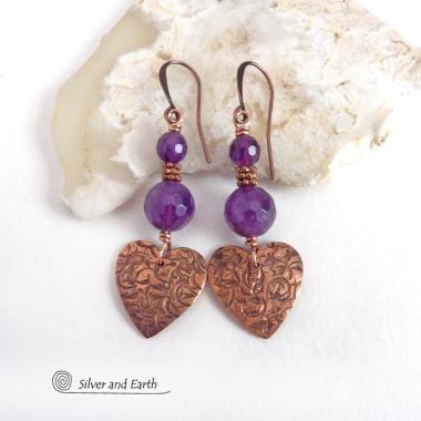 These handcrafted copper heart dangle earrings have a hand stamped texture and are accented with a stack of genuine purple amethyst gemstones with a faceted finish and tiny copper beads. Modern, classic and elegant - the style is always in fashion. They'll make the perfect gift for someone special - a wonderful way to say "I love you" on Valentine's Day or any day! They'll also make a great gift for someone with a February birthday or 6th anniversary gift - amethyst is the gemstone for either occasion. 