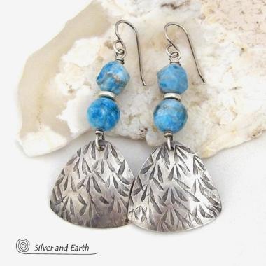 Textured Sterling Silver Earrings with Blue Apatite Gemstones - Artisan Handcrafted Modern Sterling & Stone Jewelry