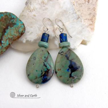 These earrings feature natural azurite-malachite gemstones with beautiful hues of royal blue and turquoise, along with subtle brown streaks. They are accented with a natural turquoise and azurite bead. Azurite-malachite is a combination of two different gemstones found blended together - compliments of Mother Nature. The rich blue color of the azurite is found intertwined with the deep, rich earthy green malachite. This "marriage" of stones is typically found in or around copper deposits. 