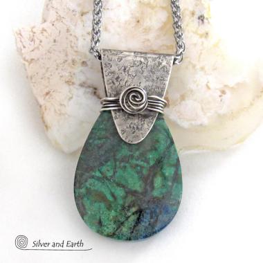 Blue Green Chrysocolla Sterling Silver Necklace - Unique One of a Kind Natural Gemstone Jewelry 