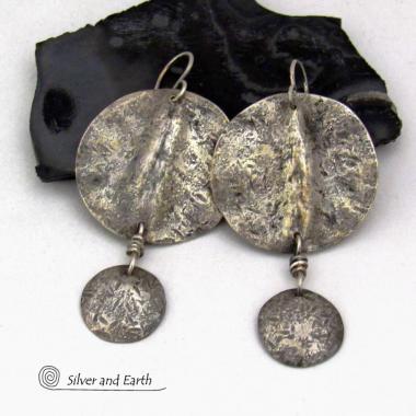 Rustic Hammered Oxidized Solid Sterling Silver Dangle Earrings - Edgy Modern Organic Silver Jewelry