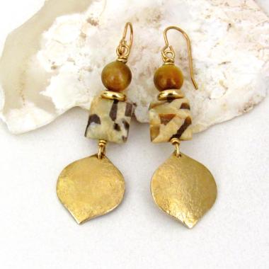 Shiny Gold Brass Dangle Earrings with Graphic Feldspar and Golden Tiger's Eye Gemstones