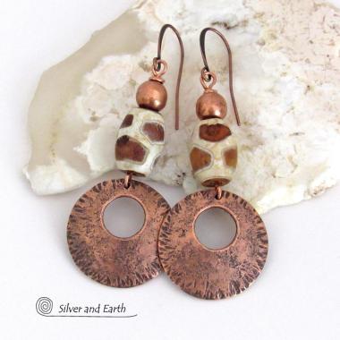 Bold Copper Earrings with Etched African Agate Giraffe Print Beads - Exotic Ethnic Tribal Jewelry