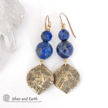 Faceted Blue Lapis Lazuli Earrings with Gold Brass Dangles - Elegant Chic Modern Faceted Gemstone Jewelry
