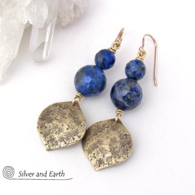 Faceted Blue Lapis Lazuli Earrings with Gold Brass Dangles - Elegant Chic Modern Faceted Gemstone Jewelry