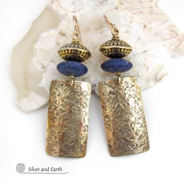 Gold Brass Earrings with Blue Lapis Lazuli Gemstones - Artisan Handcrafted Modern Elegant Boho Chic Jewelry