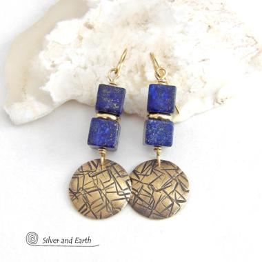 Blue Lapis Lazuli Gemstone Earrings with Small Hand Stamped Gold Brass Dangles