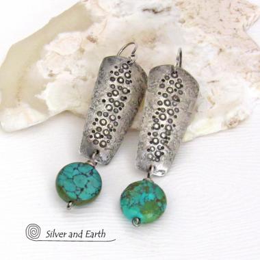 Natural Turquoise Sterling Silver Earrings with Hammered and Stamped Texture - Rustic Earthy Organic Artisan Handmade Jewelry