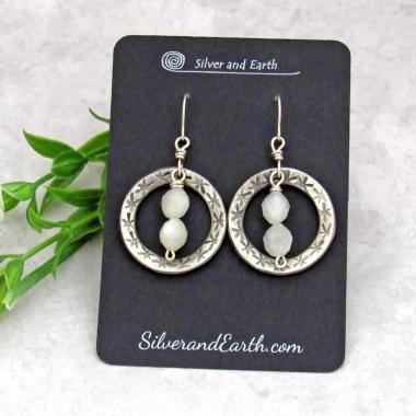 Faceted White Moonstone Silver Pewter Hoop Earrings - Modern Elegant Chic Gemstone Jewelry