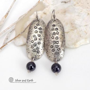 Hammered and Stamped Sterling Silver Earrings with Black Onyx Gemstone Dangles