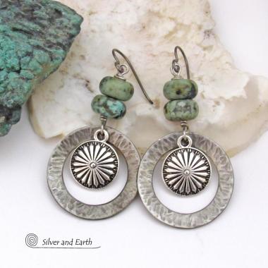 Silver Tone Pewter Concho Hoop Earrings with African Turquoise Stones - Southwestern Style Jewelry