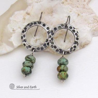Rustic Textured Silver Pewter Hoop Earrings with African Turquoise Stones - Modern Earthy Organic Natural Gemstone Jewelry